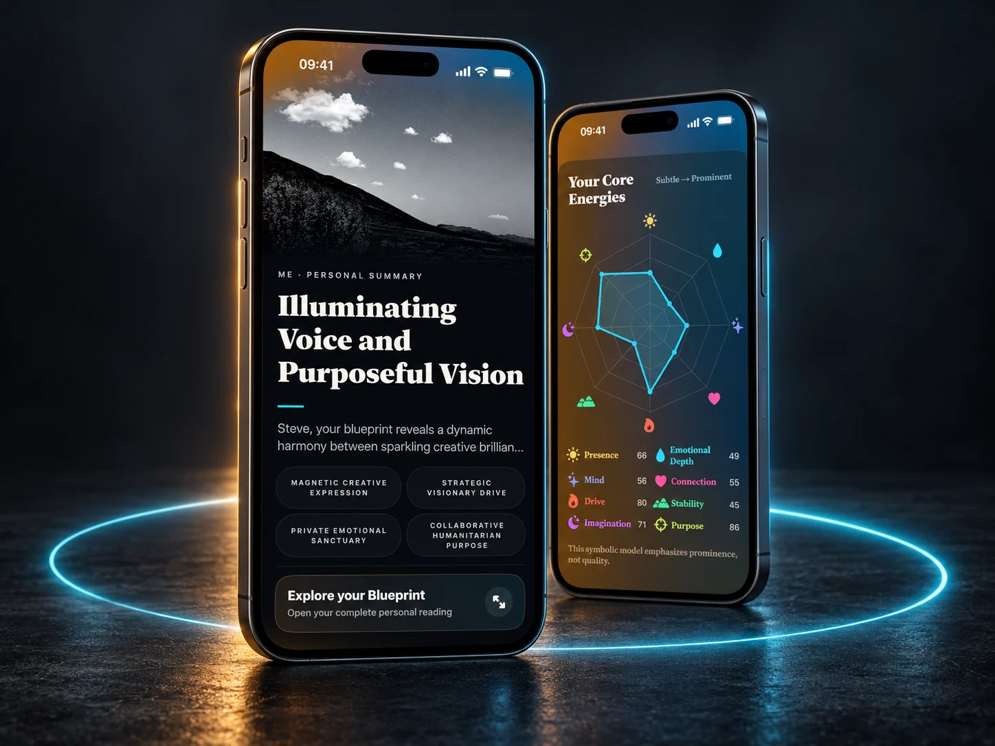 Destinum personal blueprint reading and colorful core energies chart displayed on two iPhones