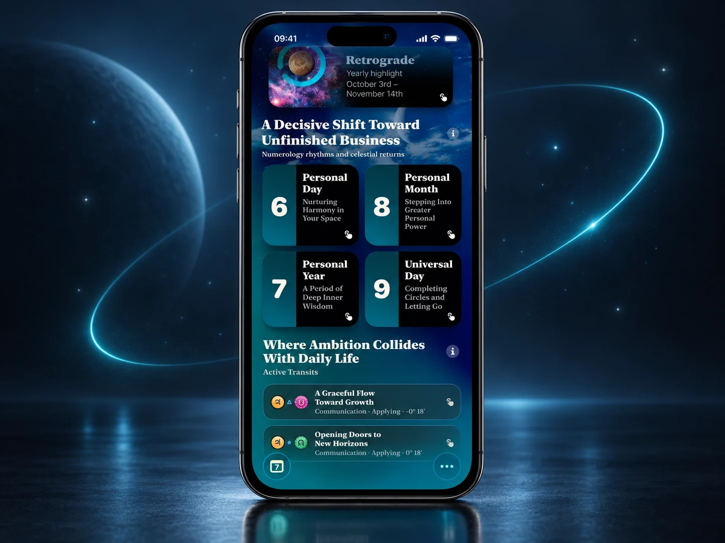 Destinum personal day, month, year and universal day numerology cards on an iPhone surrounded by a subtle cyan orbit