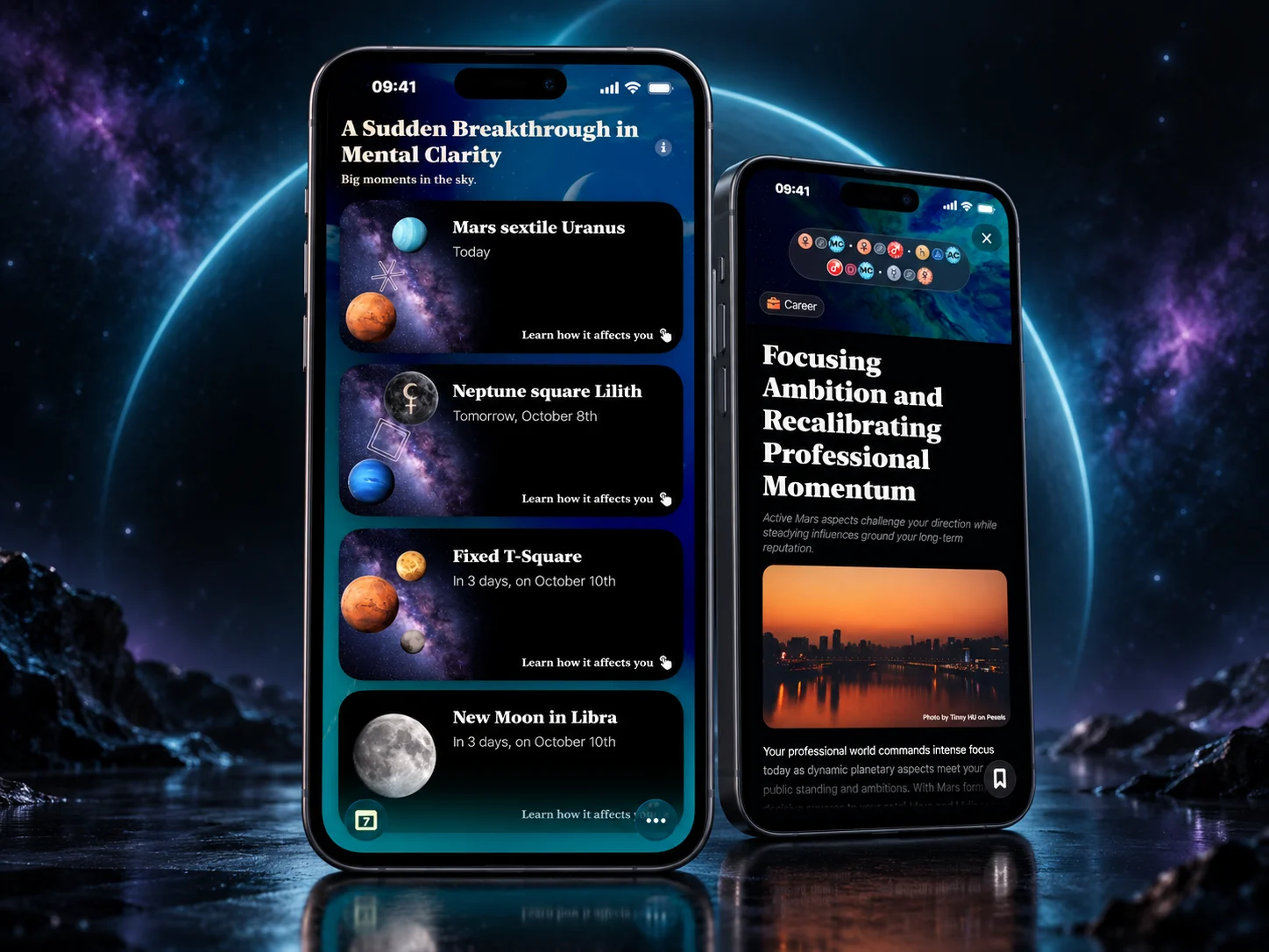 Destinum upcoming celestial event cards and a detailed career reading displayed on two iPhones