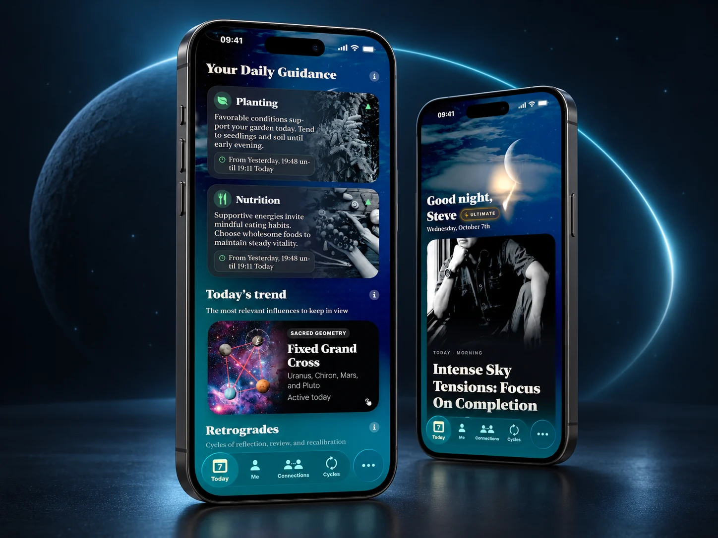 Destinum Today and daily guidance screens presented on two iPhones in a dark cyan-lit setting