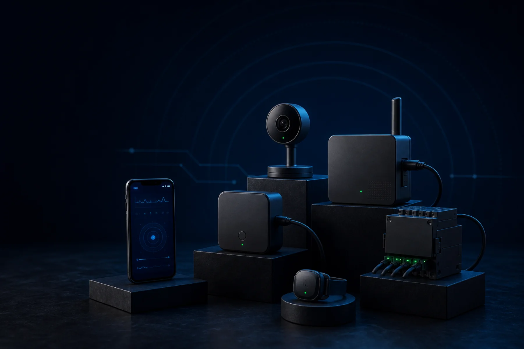 Cinematic connected-device ecosystem with mobile telemetry, sensors, controller, camera, and wearable hardware