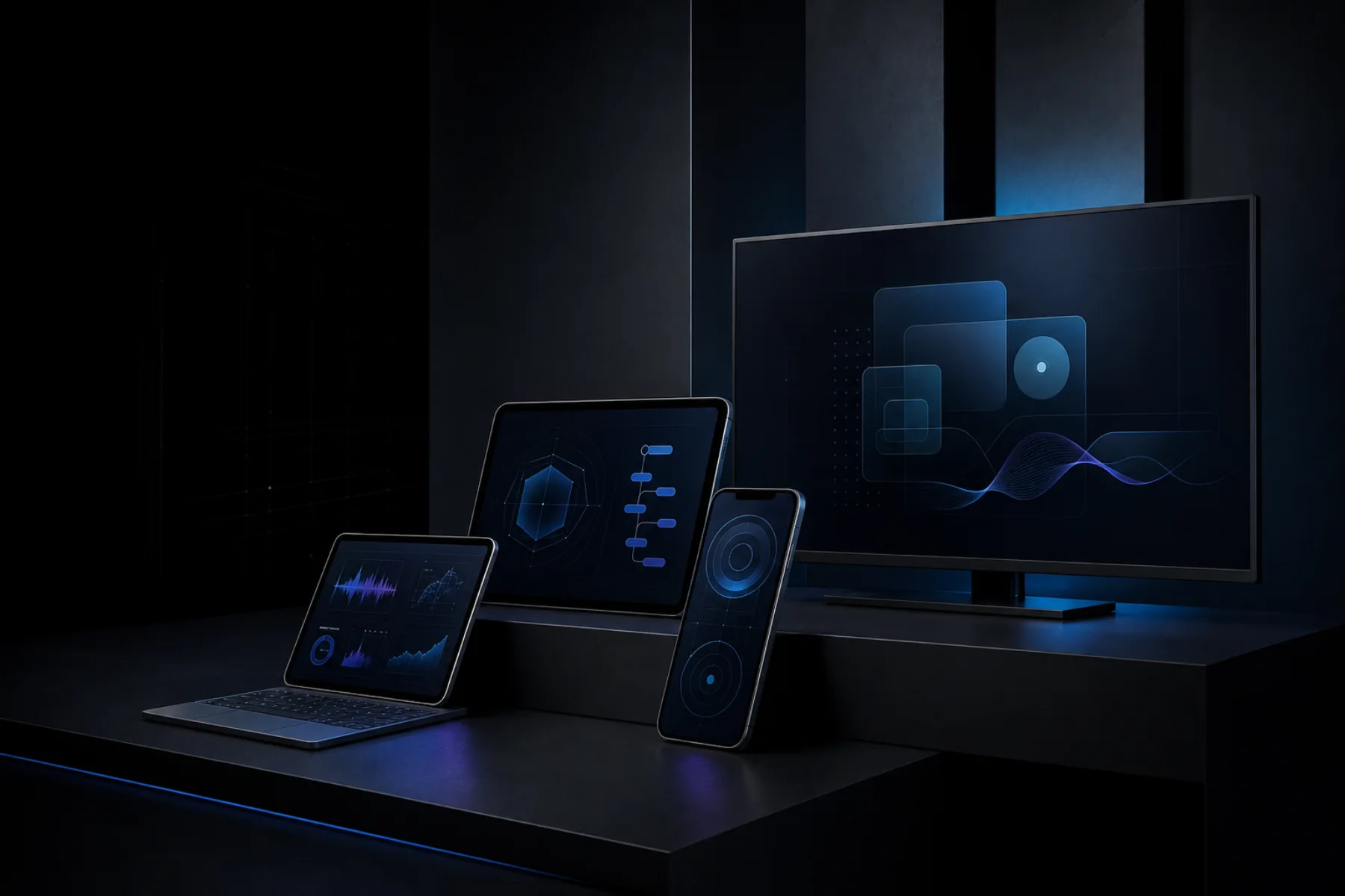 Cinematic native mobile engineering workspace spanning phone, tablet, development workstation, and connected display