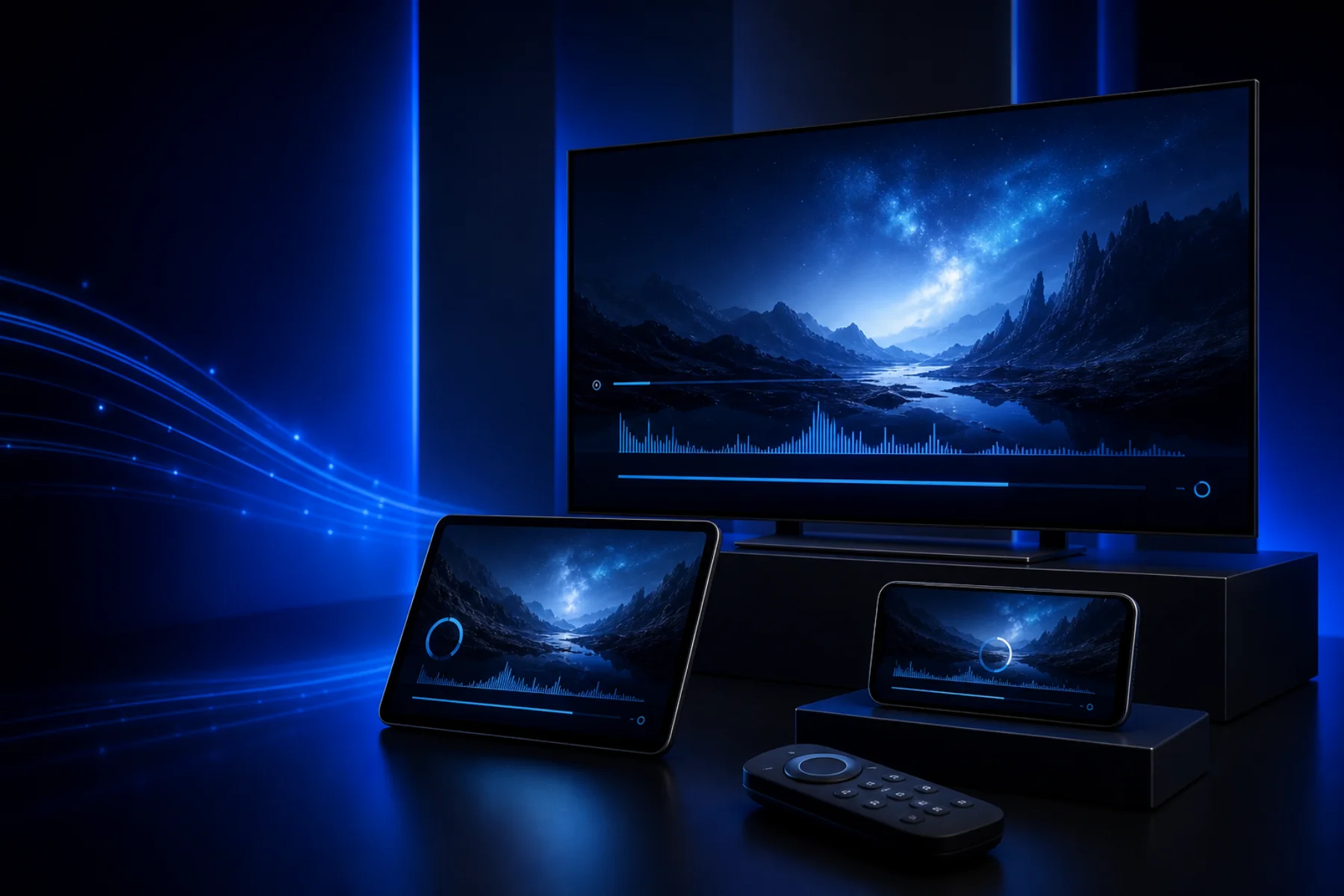 Cinematic multi-screen video streaming system across television, tablet, phone, and remote control